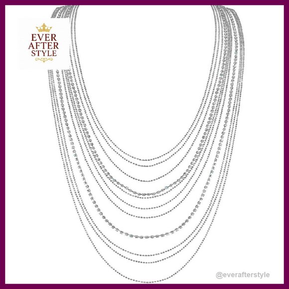 Simulated Diamond Statement Necklace Layered Cubic Zirconia Waterfall Chain